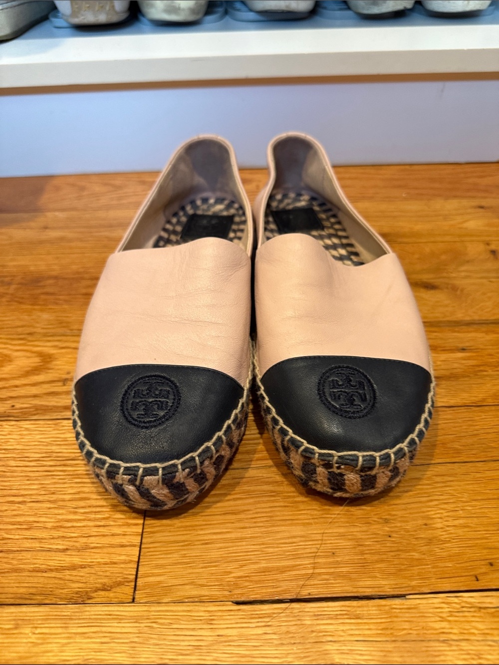 Tory Burch Blush Pink Leather Espadrilles with Black Cap Toe